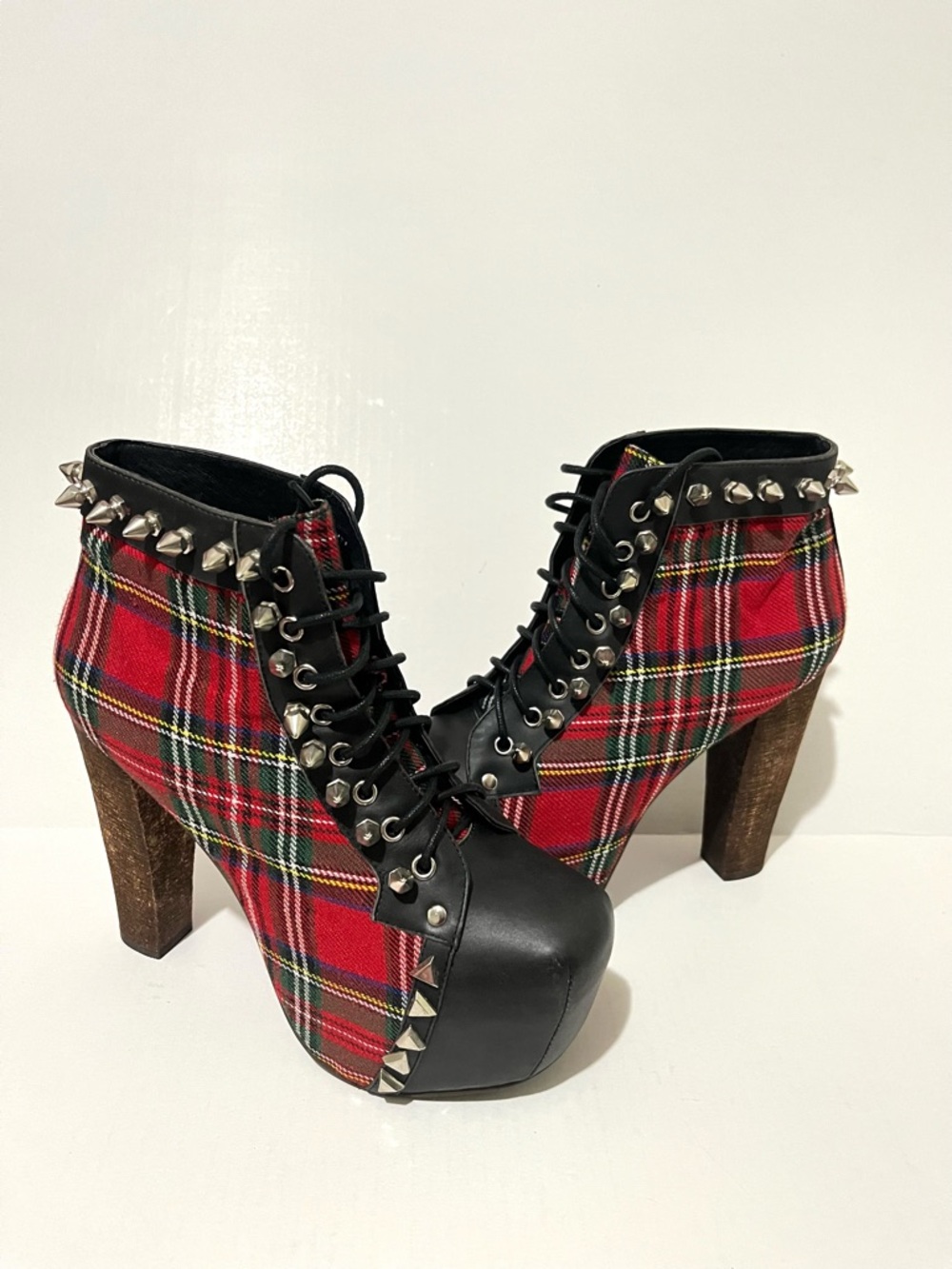 Jeffrey Campbell Lita Spike Plaid Lace-Up Platform Ankle Boots with Stud Accents